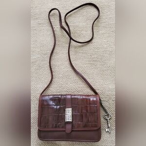 Fossil Chestnut Brown Genuine Leather and Croc Crossbody Purse, Or Hand Bag